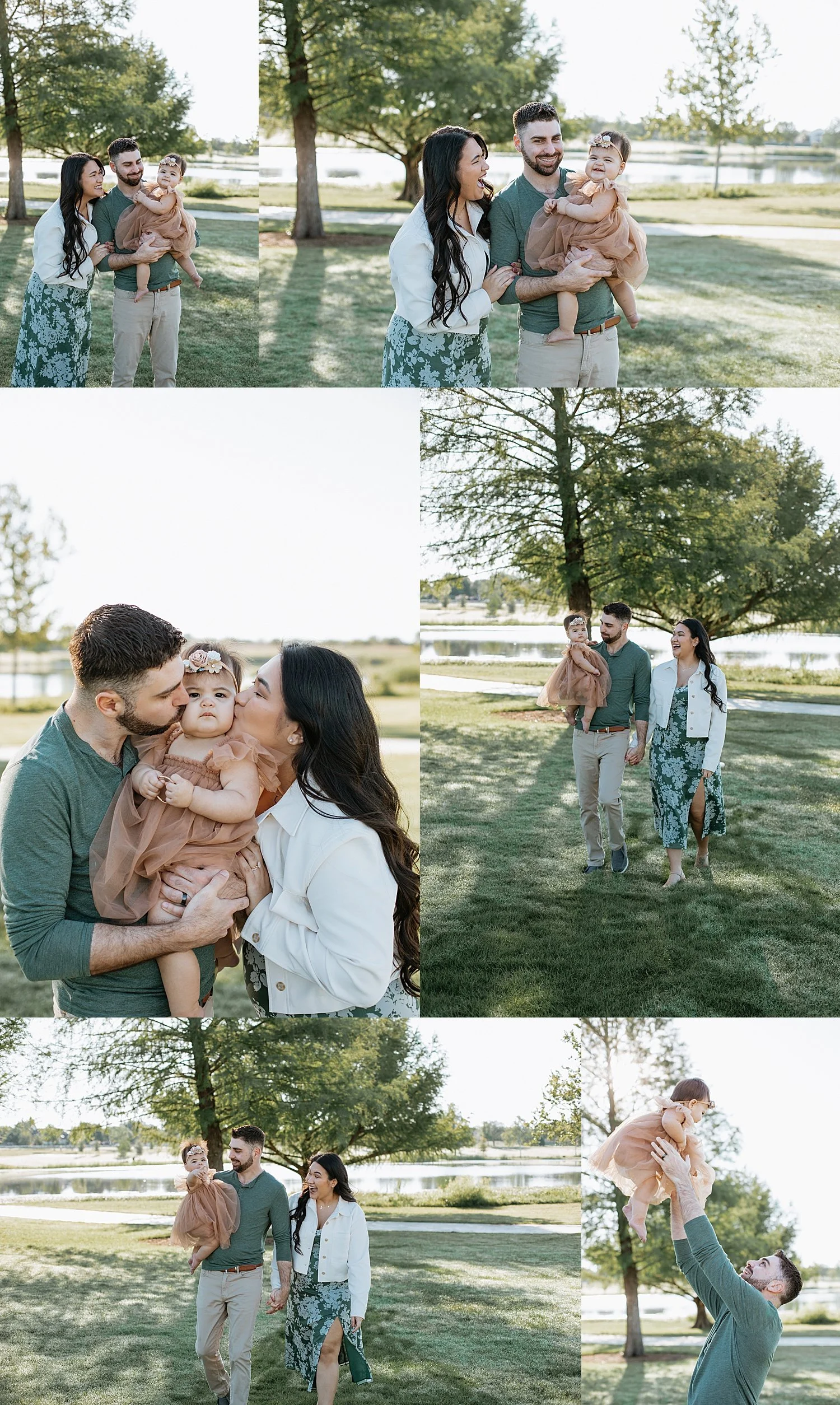 family of three under a big tree for sunrise milestone session