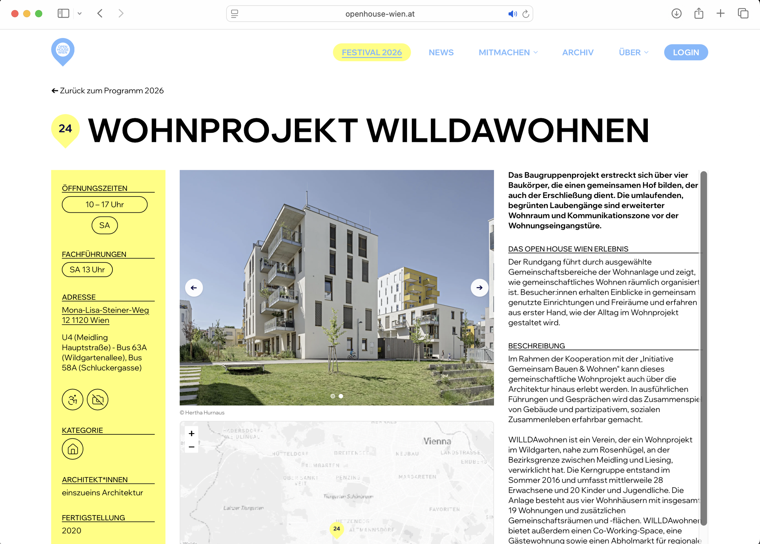 Screenshot zur Website Open House Wien mit dem Programmpunkt Willda Wohnen 2026