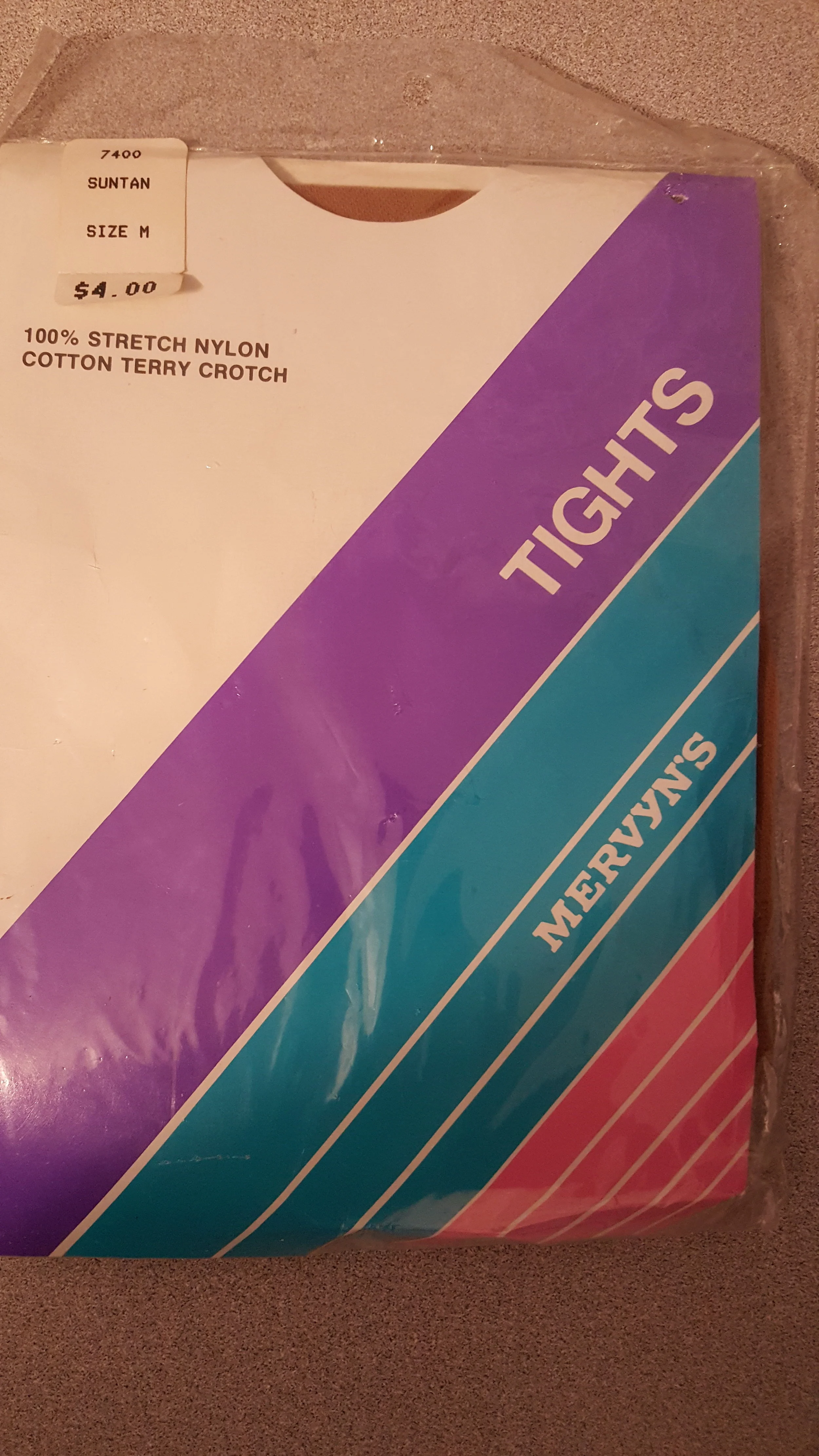 I wouldn't of been caught dead wearing anything but "Suntan" nylons with my dresses in the 1970's. This is a pair I apparently forgot about. I found them in the bottom of a drawer. Purchased at the Valley Fair Mall Mervyns