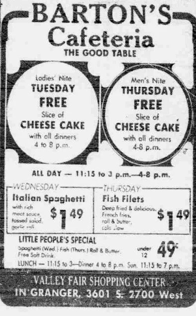 A Week at Barton’s Cafeteria – Valley Fair Mall, December ‘72 Menu