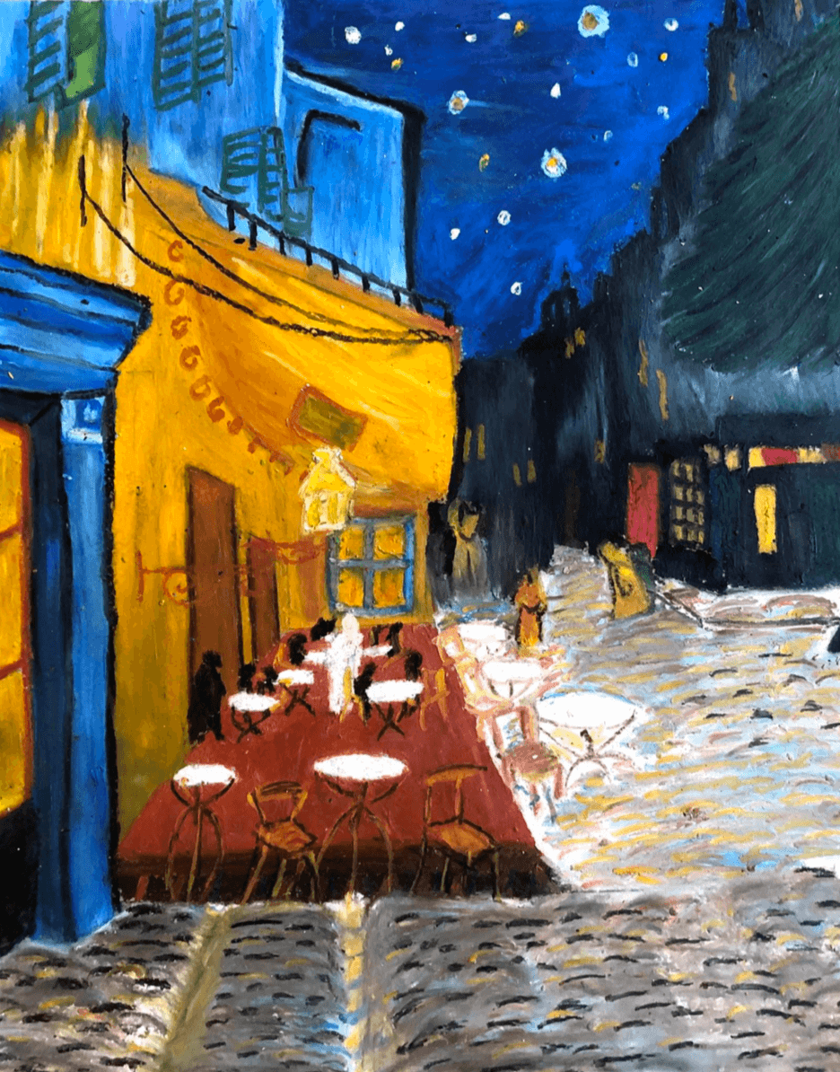  I did this [reproduction of Van Gogh’s “Cafe Terrace”] at school for Picture Study. I used oil pastel on a thick piece of paper. This picture shows perspective with depth of the street and buildings. Your eyes see the street in the foreground and tr