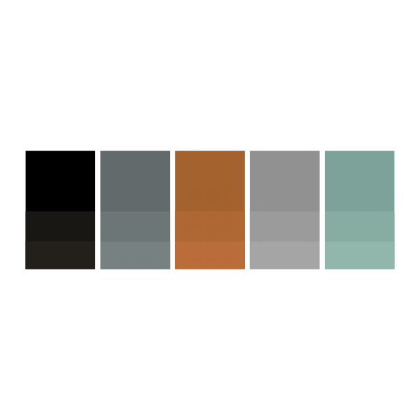 Pure Black: #000000 | Eclipse: #636c6e | Tan: #a86234 | Cloud: #929292 | Sea Foam: #7aa39a
