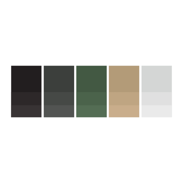 Dirt: #1b1719 | Ash: #393d3a | Grass: #3f5843 | Tan: #b69b7d | Cloud: #d4d6d5