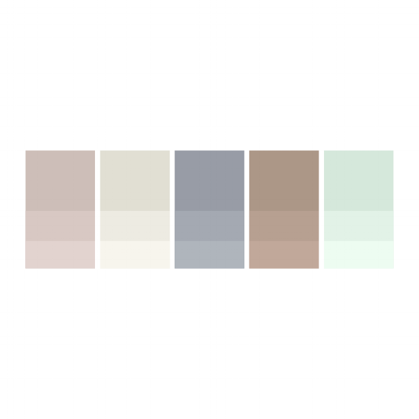 Rose: #cebeb9 | Cream: #e2e0d5 | Jean: #989da6 | Camel: #ae988a | Mint: #d4e8dc