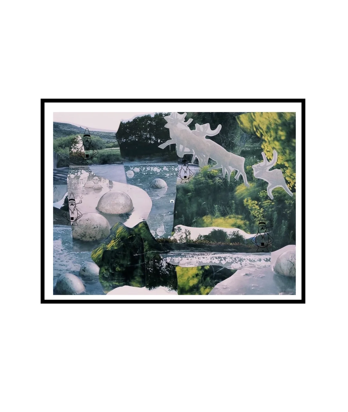 Good Gnomens graphic art print for sale, to buy, and purchase of green and blue nature reindeer collage with gnomes and smoking gnome. 