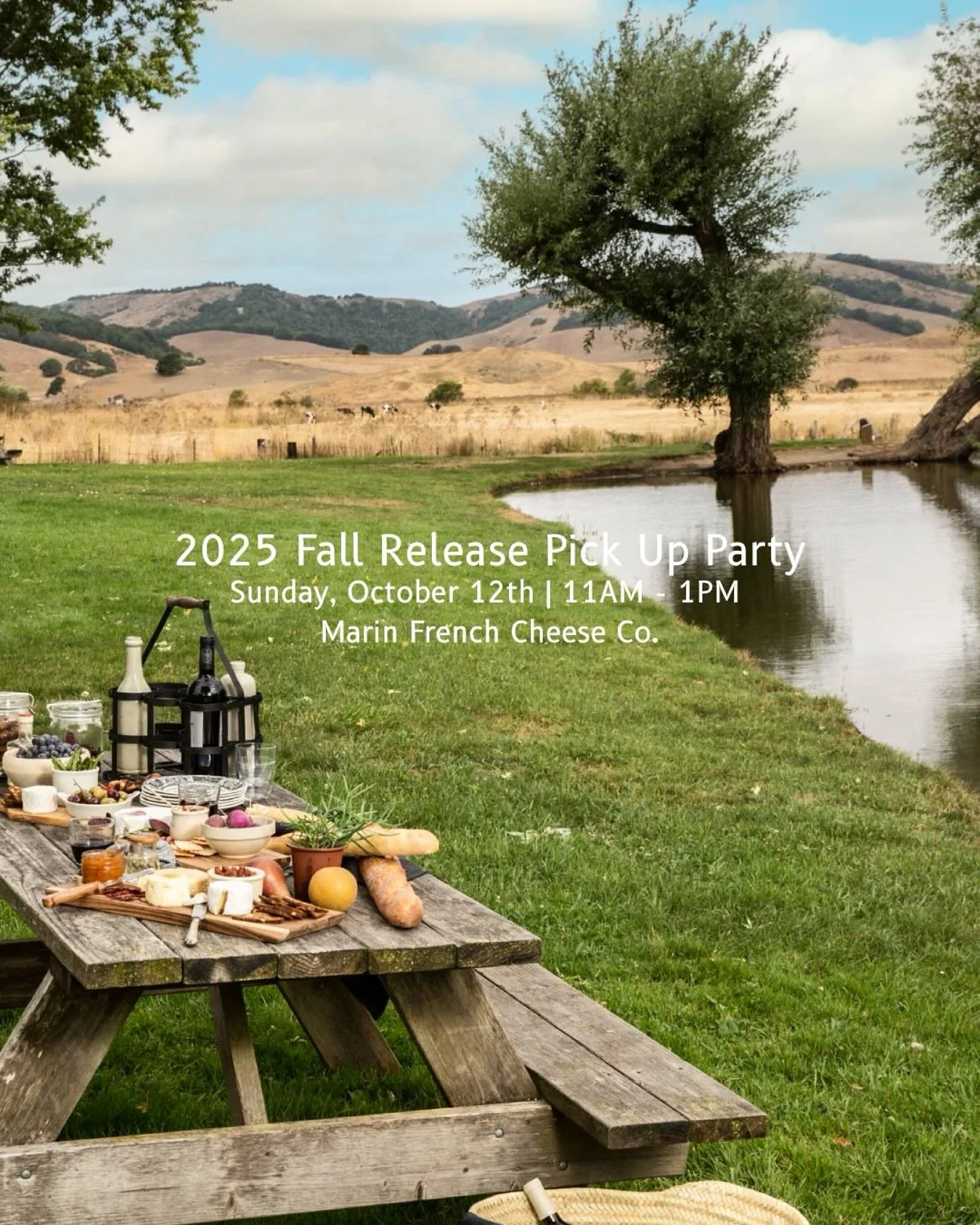 SAVE THE DATE 10/12 11am-2pm

Two craft stories, one historic ranch 🧀

Sweeping views, exquisite cheeses, our wine club community, and the chance to be outside together this Fall. 

Sunday, October 12th | 11AM - 1PM 
@marinfrenchcheese 

We&rsquo;re
