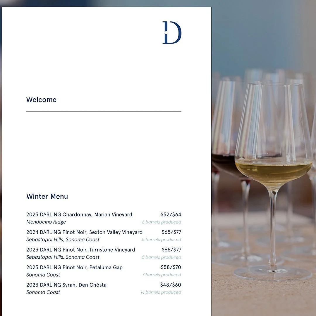 Winter Menu update ✨

Three very distinct Pinot Noirs accompanied by a high-acid, citrus driven Chardonnay and a floral, delicate, joyful Syrah. ABVs range from 11.5% to 12.5%. 

We, for one, are very excited about this lineup! Come check it out 😊

