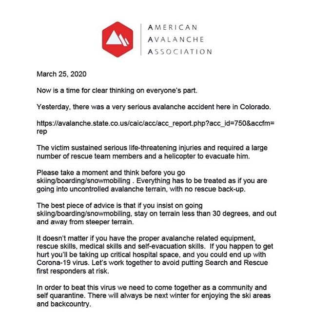 Please check out this important safety message from American Avalanche Association President Halsted Morris.