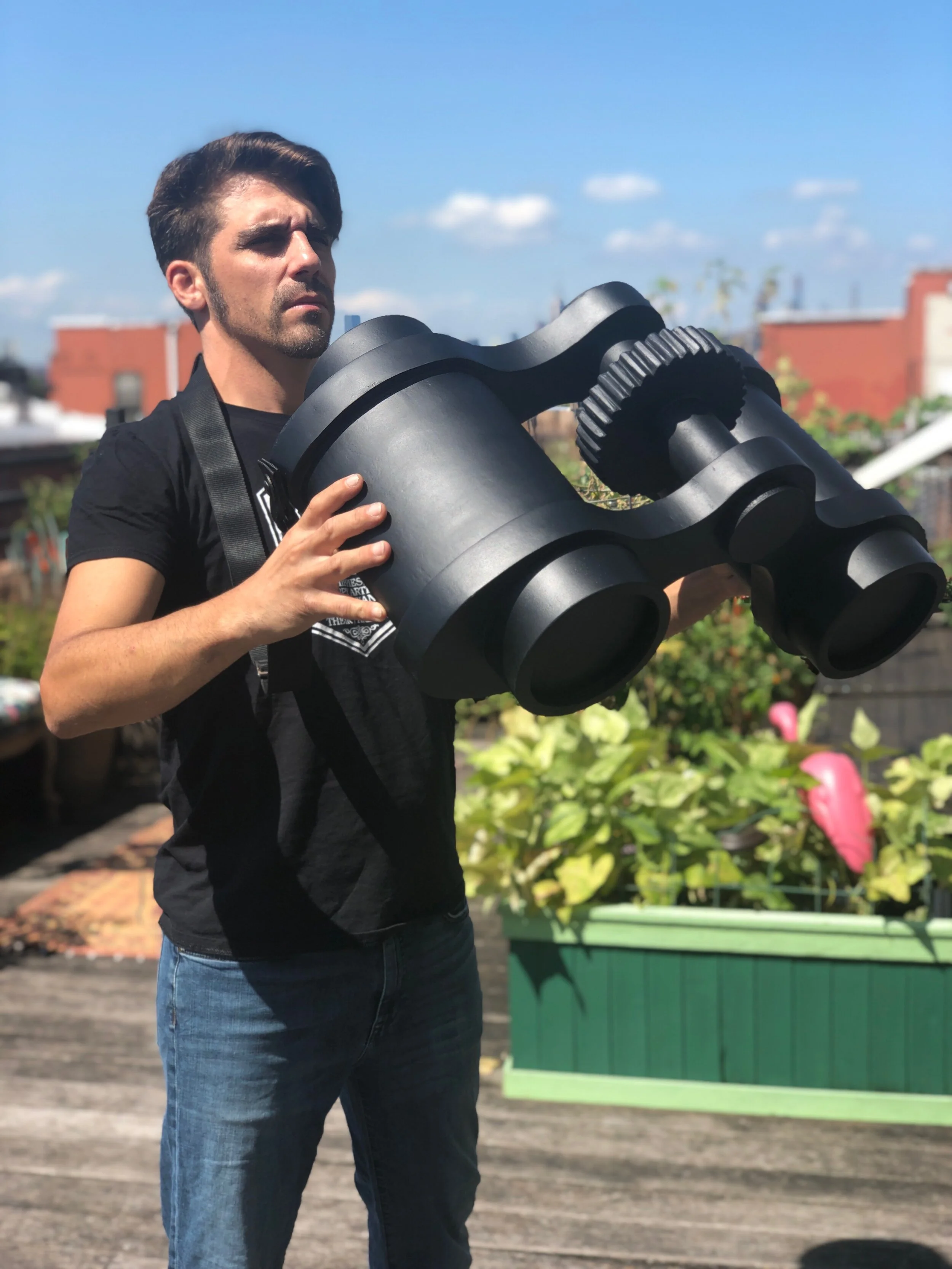 Erich demonstrates how to use these binocs: constructed of EPS foam, assembled, plastered, and painted