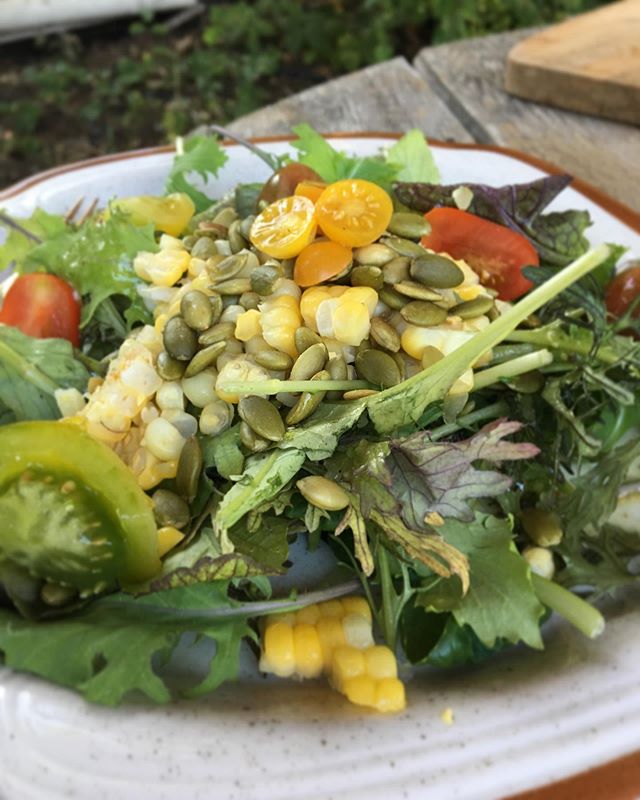 Actually making dinner like an adult! Here&rsquo;s a salad with our greens, tomatoes  and corn from Dove Creek