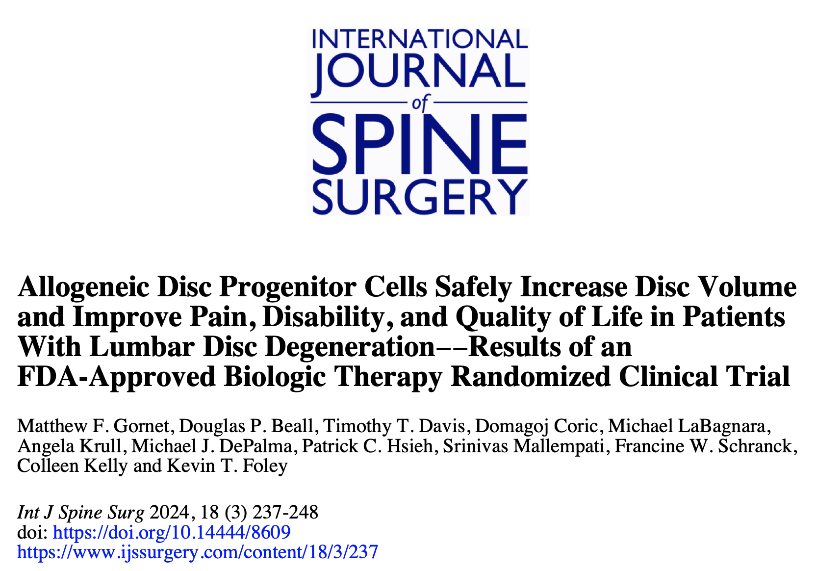 Peer-Reviewed Article Reporting DiscGenics’ Cell Therapy Phase I/II Study Results Receives International Journal of Spine Surgery Best Paper Award 