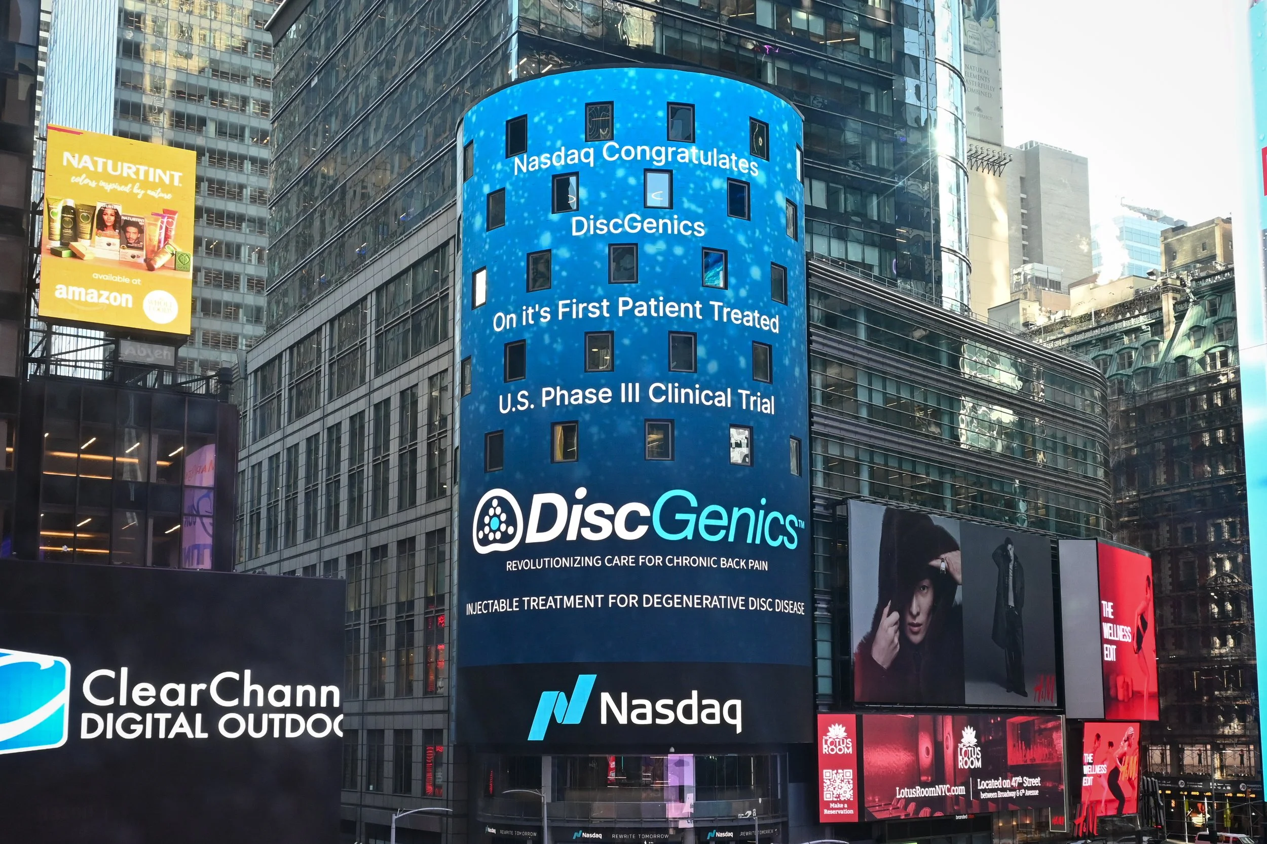 DiscGenics’ U.S. Phase III Milestone Recognized on Nasdaq Tower in Times Square