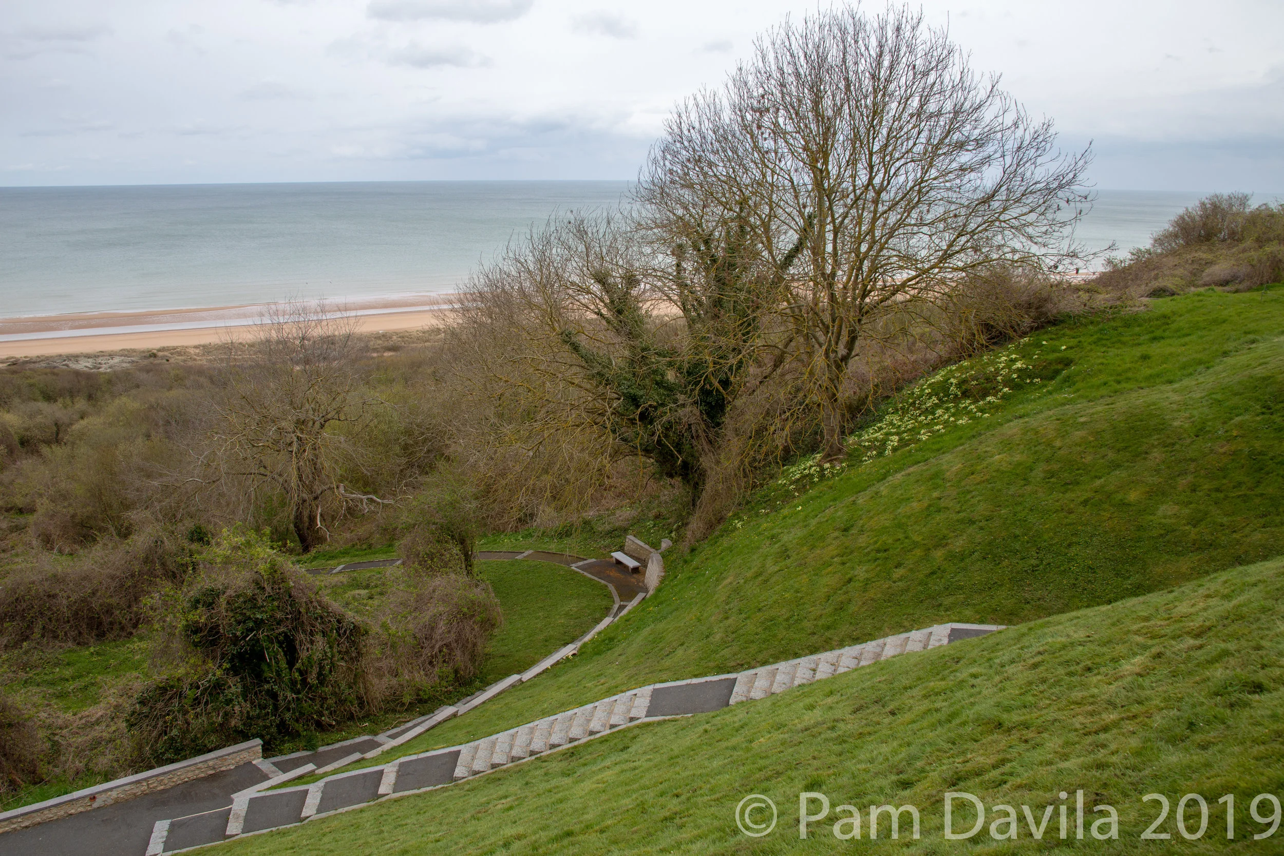 Stairs leading to Omaha Beach from atop the bluff where American Cemetery is located