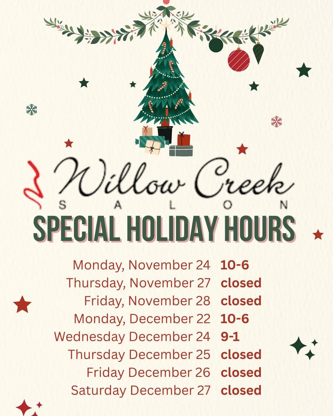 Don&rsquo;t forget to plan your visit to Willow Creek this holiday season! Please take note of our special holiday hours. We can&rsquo;t wait to see you! 

#sylvaniasalon #toledosalon #sylvania #sylvaniabusiness #willowcreeksalon #willowcreek