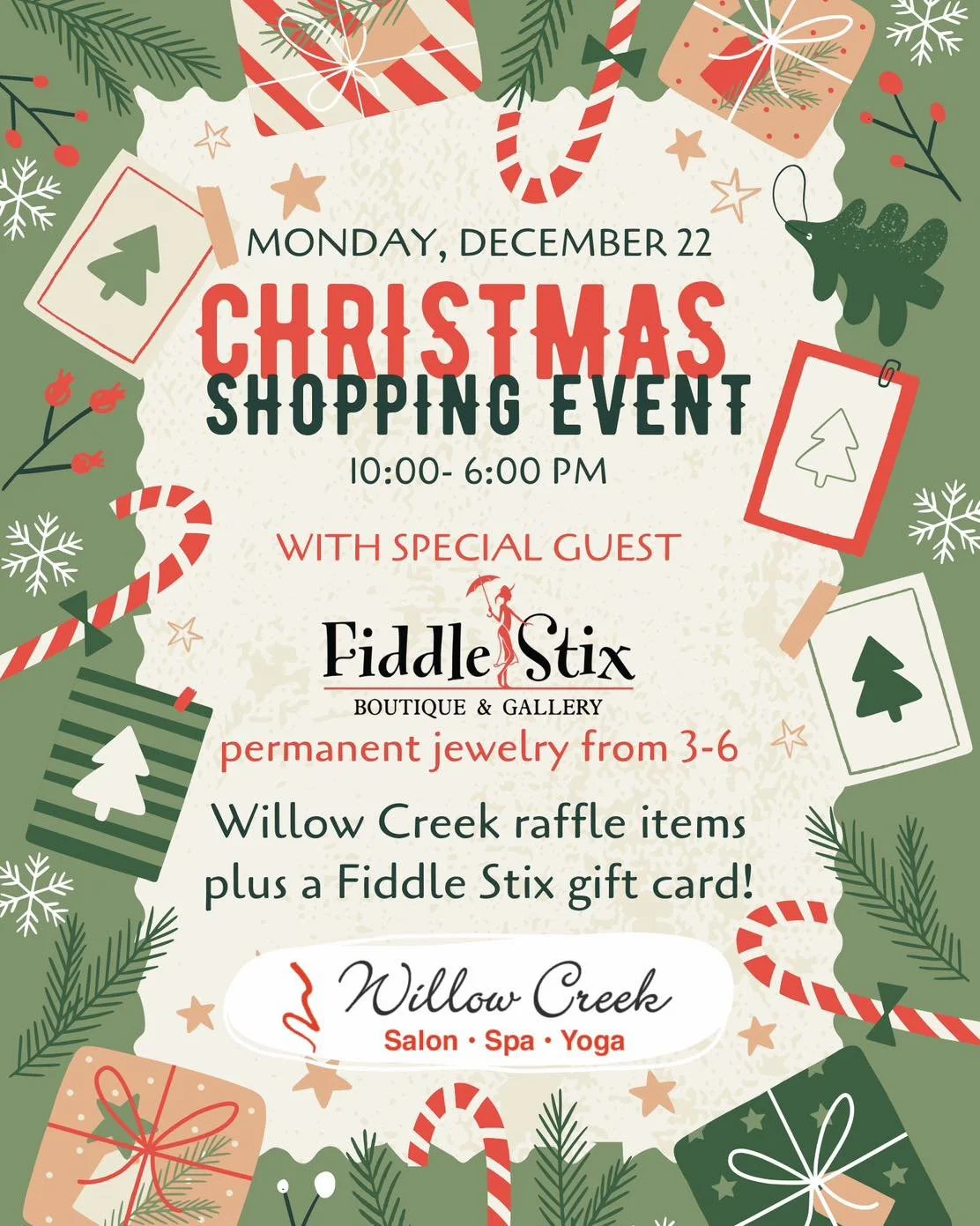 Join us for a special salon event on Monday December 22! 
We are welcoming Fiddle Stix into our salon to offer permanent jewelry from 3-6pm! 

#sylvaniasalon #toledosalon #sylvania #sylvaniabusiness #willowcreeksalon #willowcreek  #fiddlestixboutique