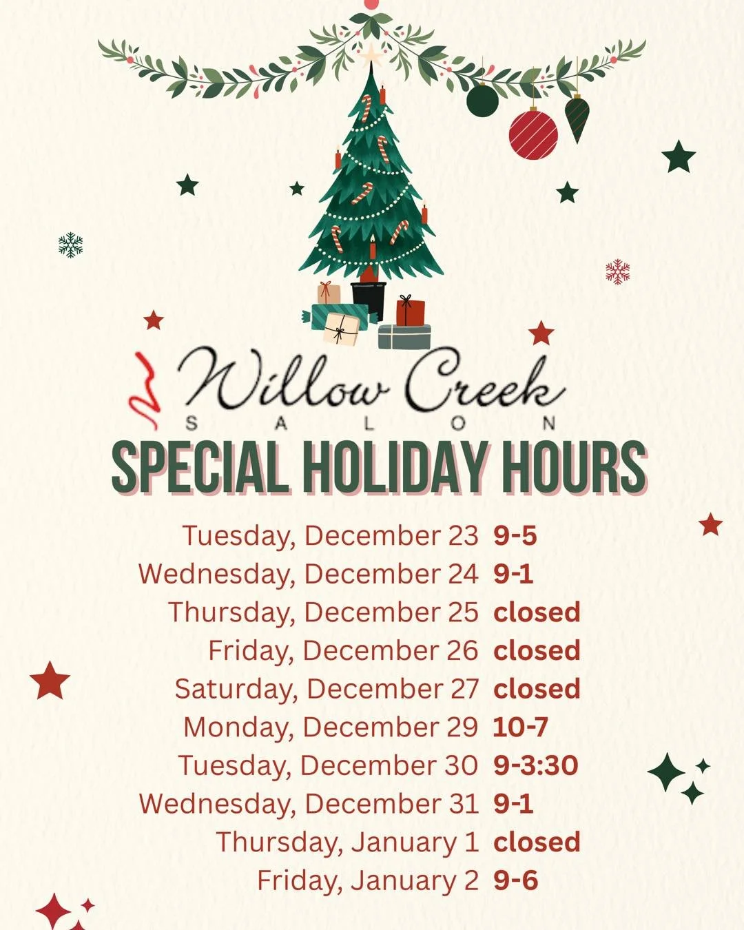 Please take note of our special holiday hours! 🎄🎅🏼
Wishing you and yours a very merry Christmas and a joyous 2026! 

#sylvaniasalon #toledosalon #sylvania #sylvaniabusiness #willowcreeksalon #willowcreek