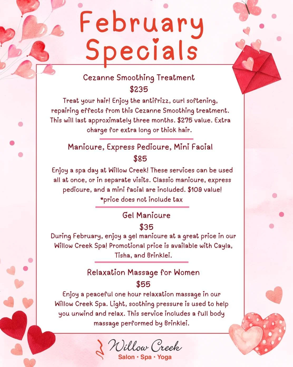 February specials are here! Take advantage while you can and treat yourself or a loved one to relaxation this month ❣️ 

Book online or call the salon today
📲 419-882-1222

#sylvaniasalon #toledosalon #sylvania #sylvaniabusiness #willowcreeksalon #w