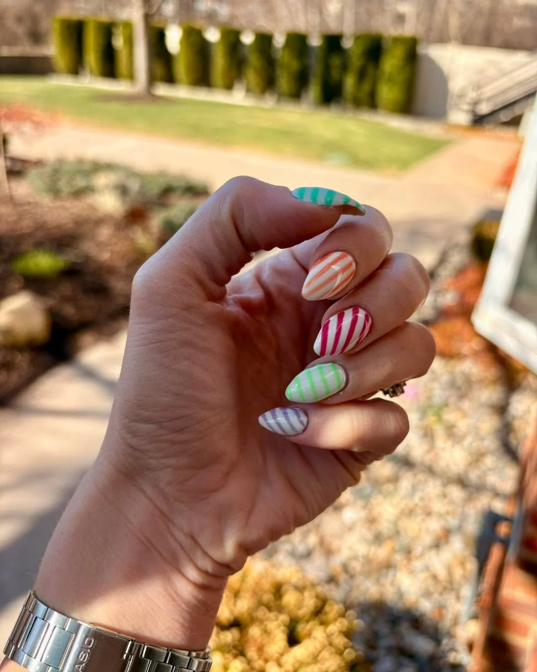 Candy-stripe dreams 🍬💅

Spring mood activated with pastel stripes on every nail &mdash; mint, peach, raspberry, lime, and lavender. Playful, fresh, and just a little bit retro. Perfect sunshine manicure to brighten the day. 🌸✨

acrylics by Mykenzi