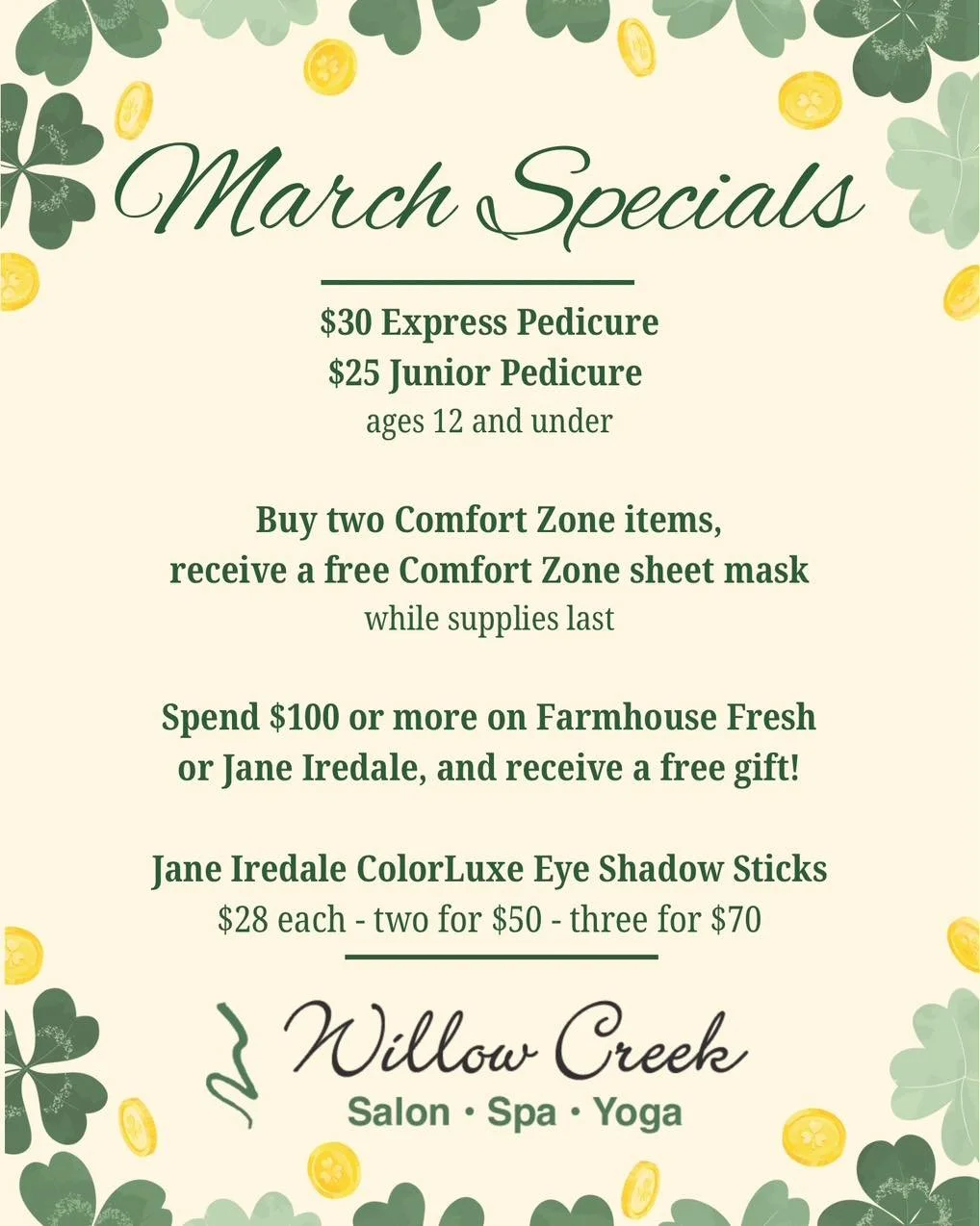Don&rsquo;t miss out on our March specials this month! 🍀

#sylvaniasalon #toledosalon #sylvania #sylvaniabusiness #willowcreeksalon #willowcreek #marchspecials