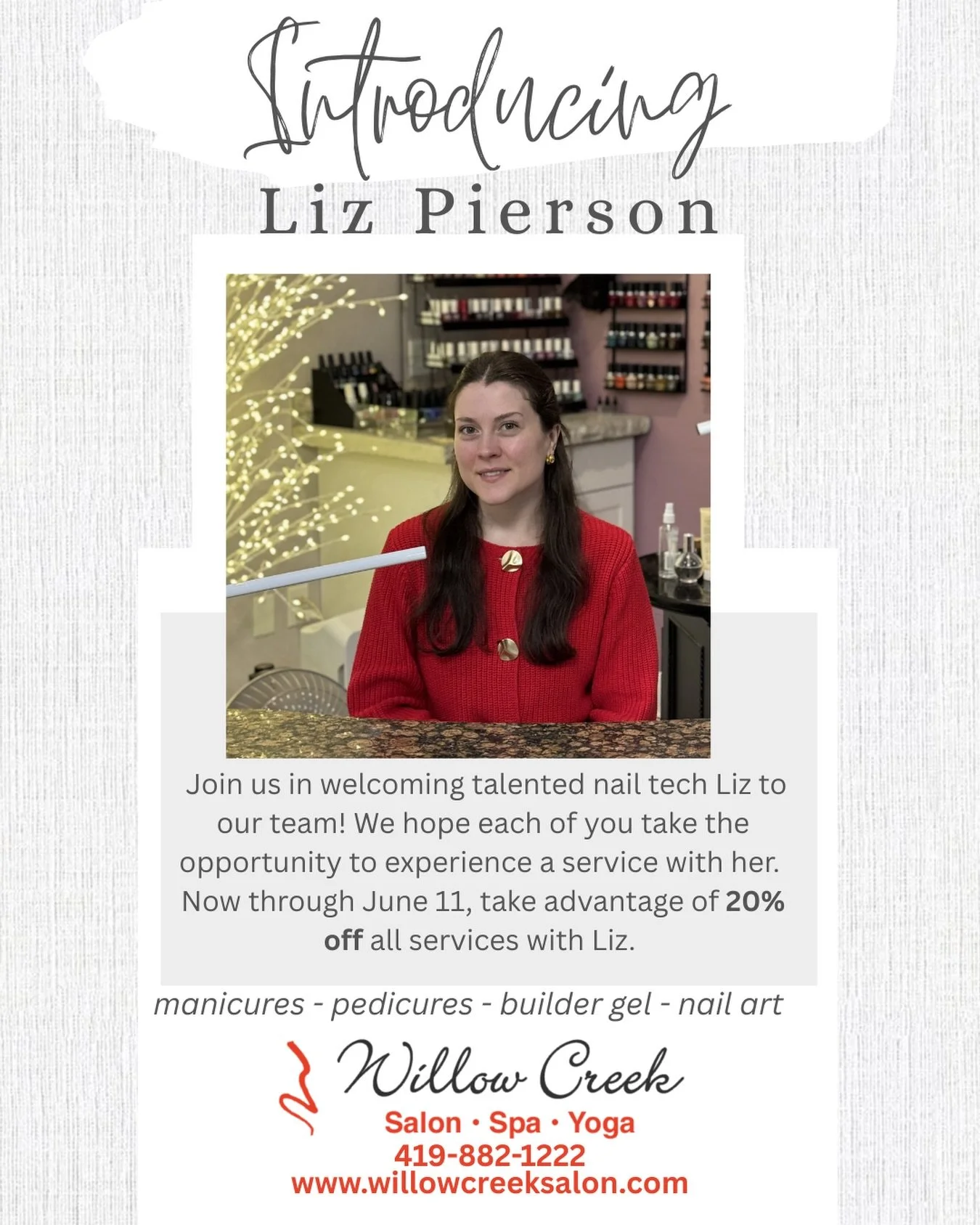 We are excited to share a 20% off Introductory Offer with Liz! Schedule your nail or pedicure service through June 11 for the savings. Enjoy getting to know Willow Creek&rsquo;s newest nail tech! #willowcreeksalon #nails #sylvaniaspa #419nails #nailt