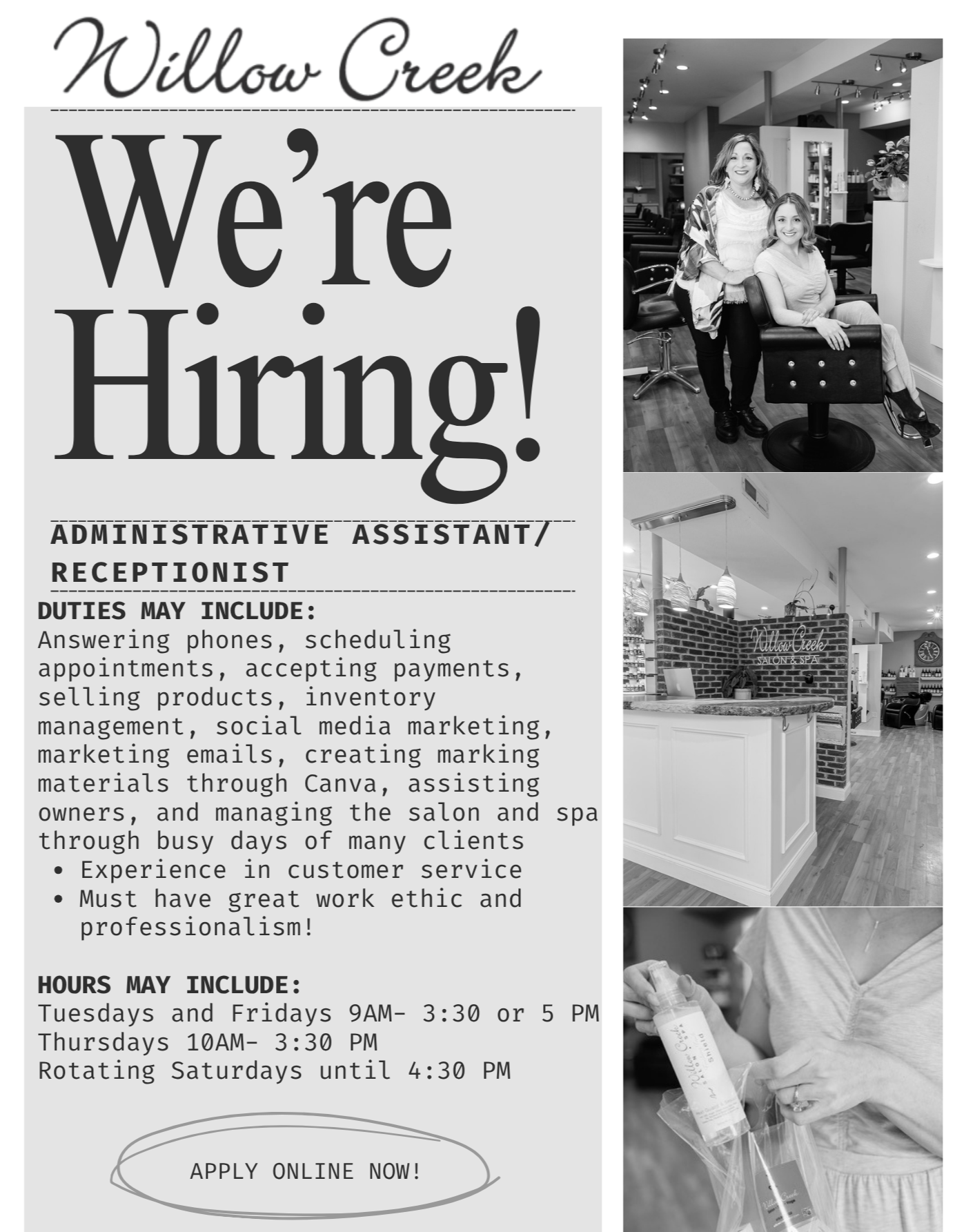 receptionist administrative assistant job in Sylvania salon