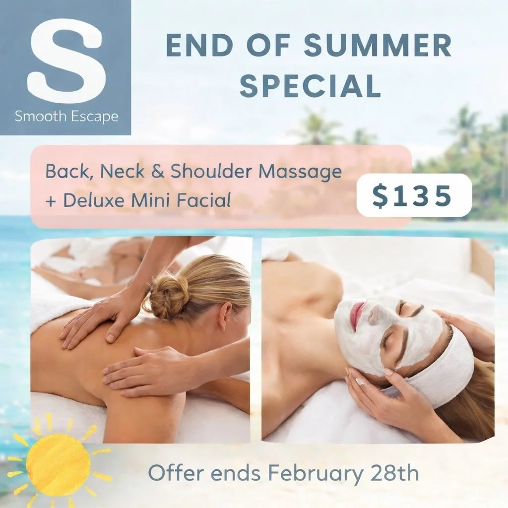 End of Summer = time to unwind ☀️💆&zwj;♀️
Sun-kissed skin, salty air, and tight shoulders? We&rsquo;ve got you covered.

Treat yourself to our End of Summer Special featuring a dreamy back, neck &amp; shoulder massage with scrub and hydration plus a