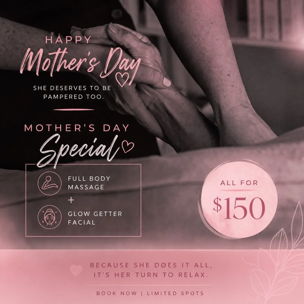 Mum deserves more than flowers this year 🤍

Give her the gift of pure relaxation with our Mother&rsquo;s Day Special

✨ Full Body Massage + Glow Getter Facial
All for $150 ✨

Because she does it all&hellip; it&rsquo;s her turn to switch off, unwind,