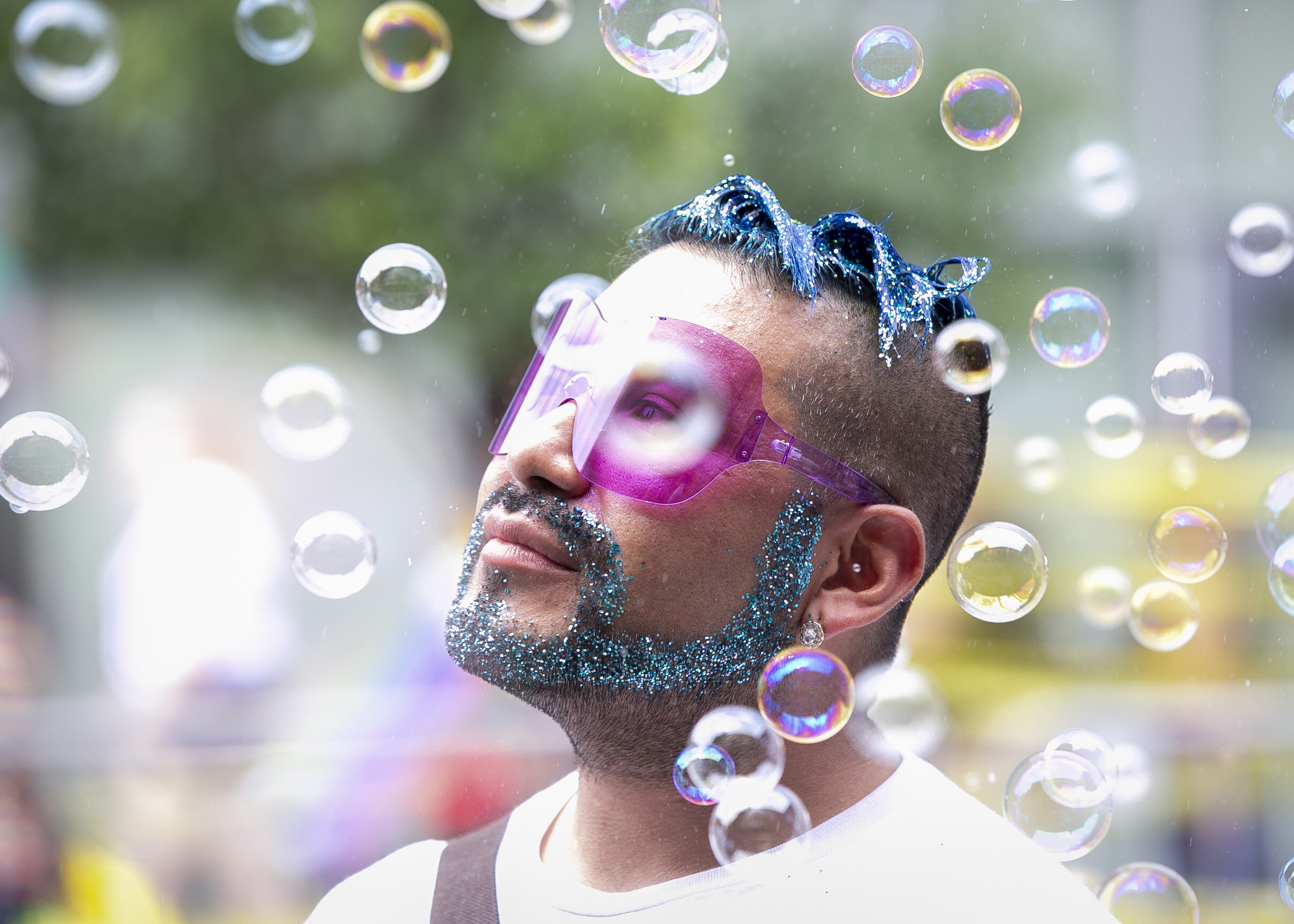  Jairo Garcia, 39, an attendee of the 50th annual Pride Parade, poses for a portrait before the march begins on Montrose Rd. in Chicago's Boystown neighborhood on June 30, 2019, for the Chicago Tribune.  