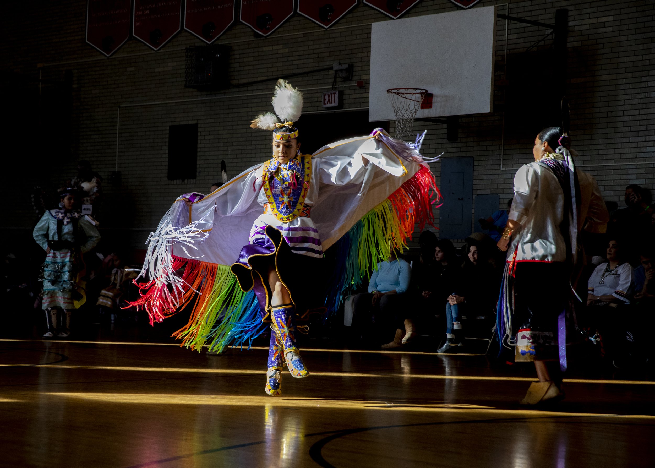  Beedoskah Stonefish competes in a dance competition for the 66th annual Chicago Powwow hosted by the American Indian Center at Von Steuben Metropolitan High School in Chicago's North Park neighborhood on Nov. 9, 2019. (Camille Fine / Chicago Tribune