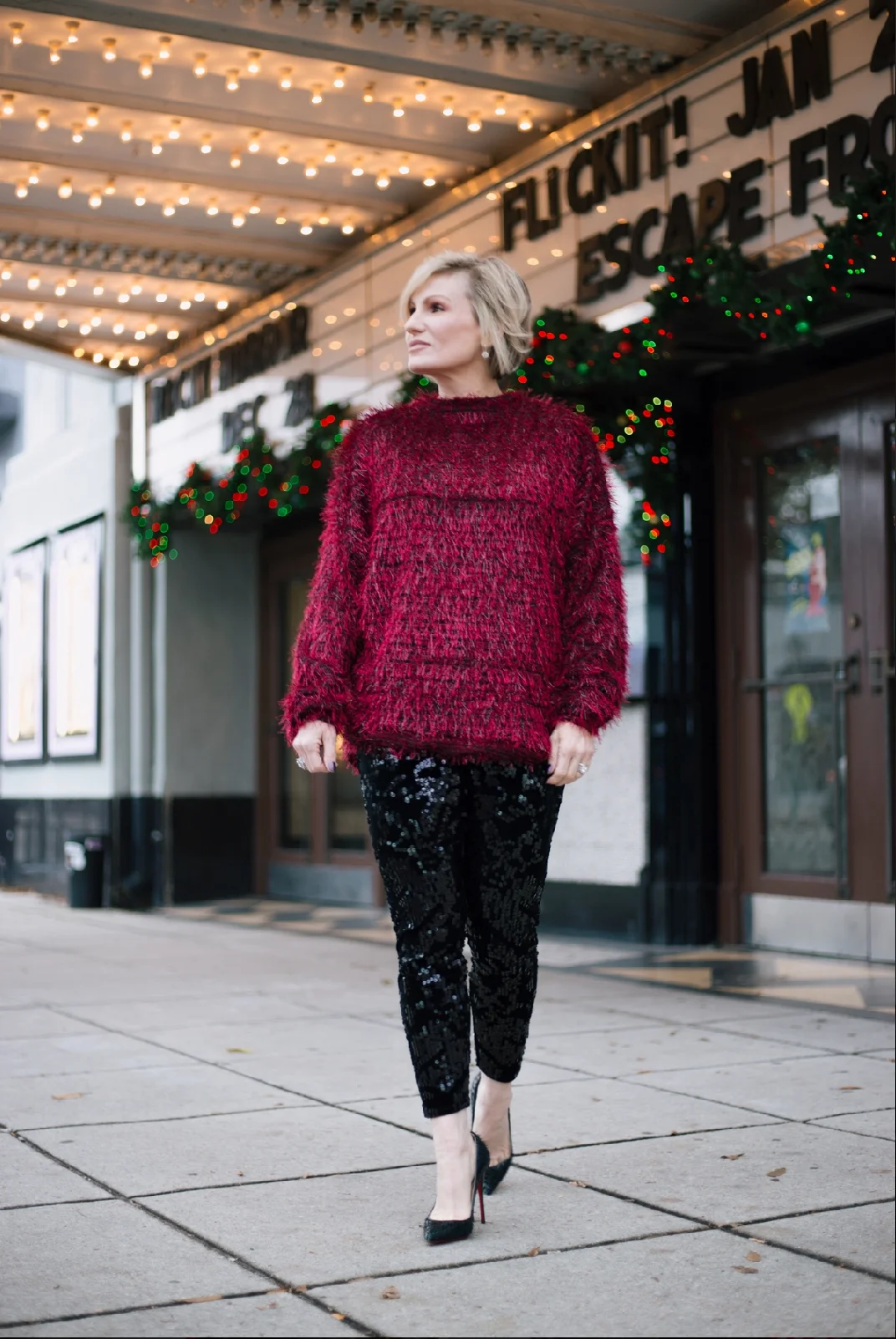 Sequin leggings with a fun colorful sweater for a simple but effective festive look.