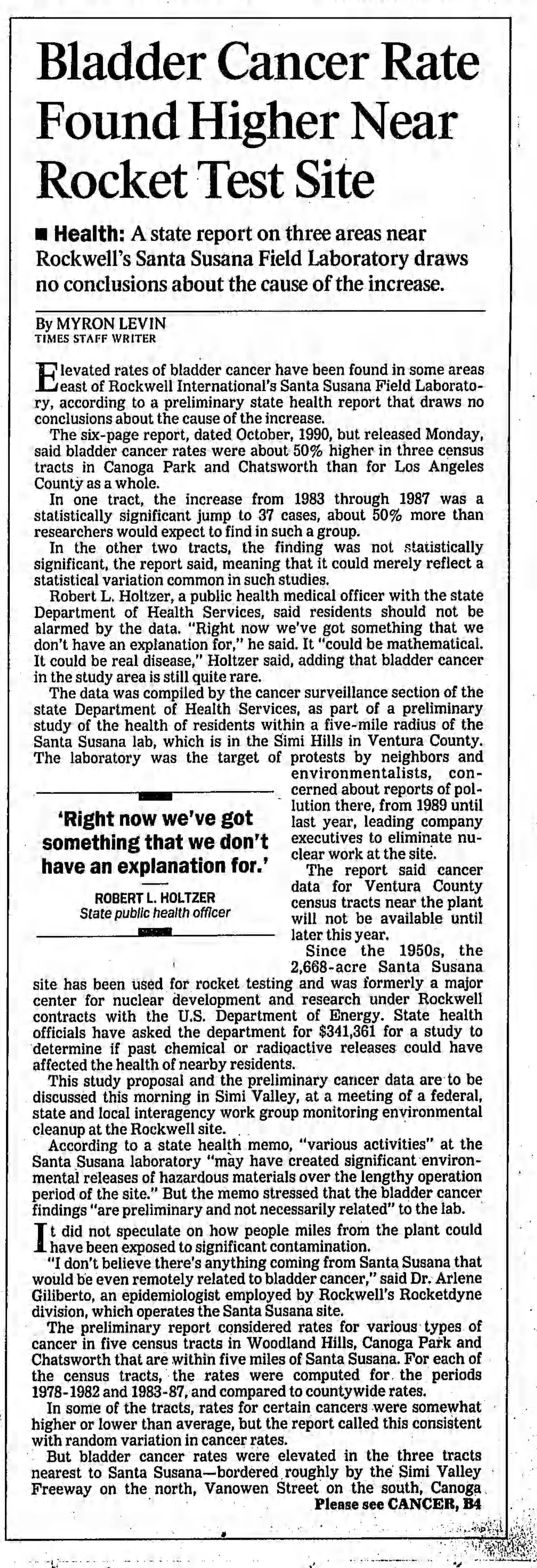 bladder cancer rate found higher near rocket test site