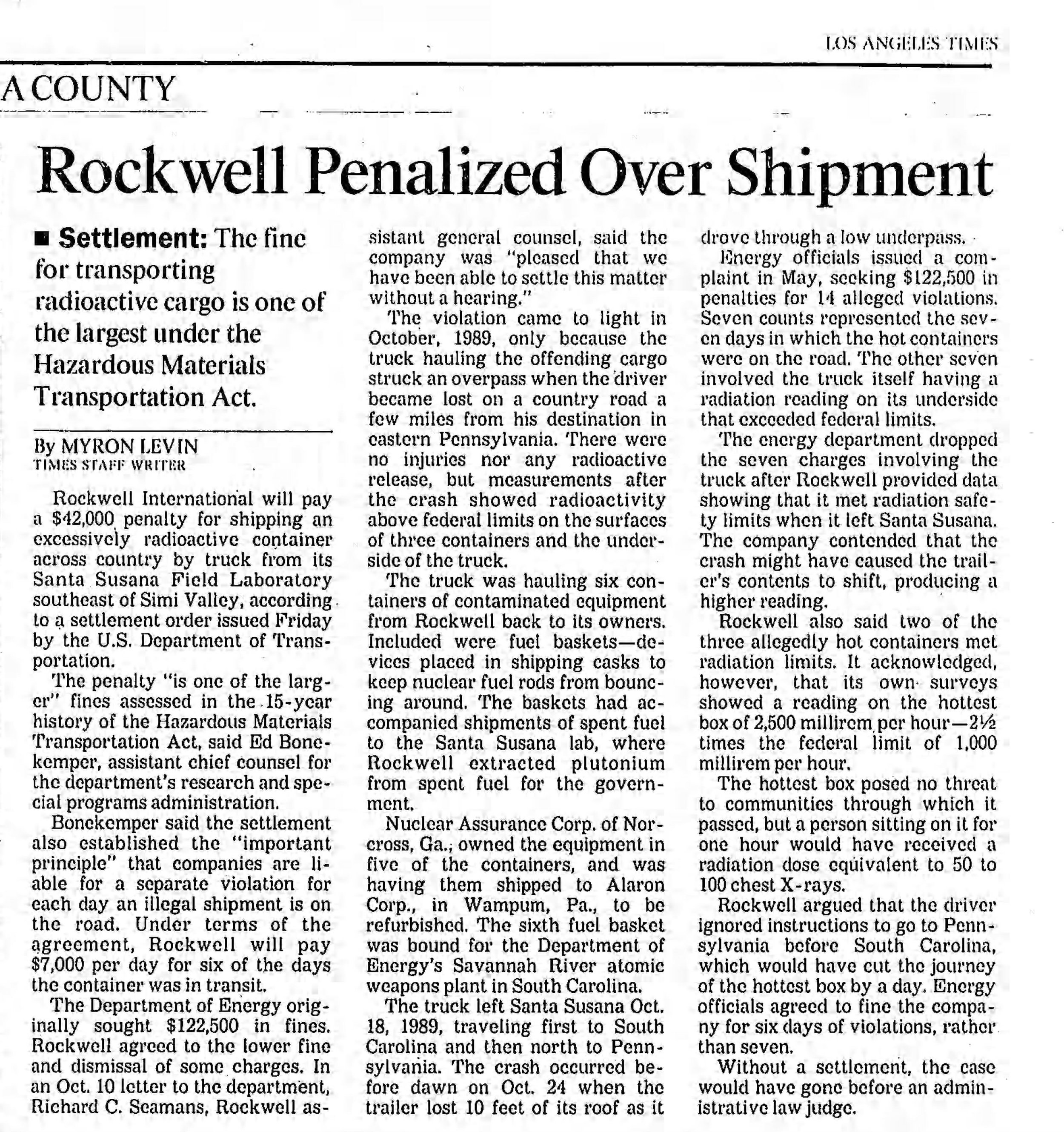 Rockwell penalized over shipment