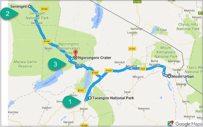 1) Tarangire National Park 2) Serengeti National Park 3) Ngorongoro Crater