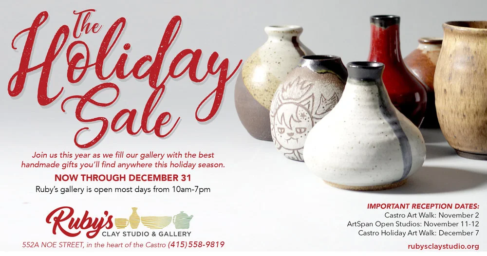 Ruby’s Clay Studio & Gallery presents over 20 exhibits each year, and showcases an array of sculptural and functional ceramic work by artists using a variety of clay bodies, glazes, and firing techniques. Gallery exhibitions change about every two to four weeks, except for the annual Holiday Gift Sale , held the last 2 months of the year. Come visit the gallery, and then wander around the studio to glimpse the many facets of the ceramic process.