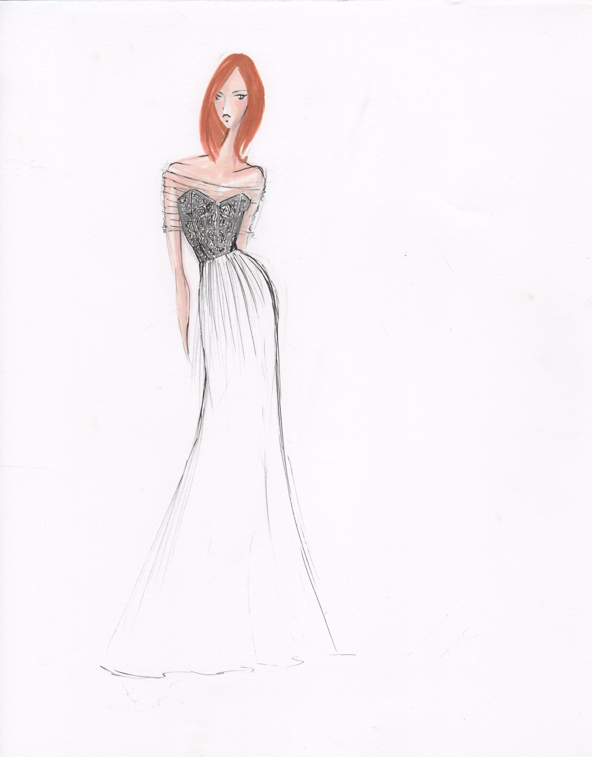 Sample Sketch Marker render. Note metallic silver leather lace with white and a sheer overlay. Like the look? Ask about custom orders! 