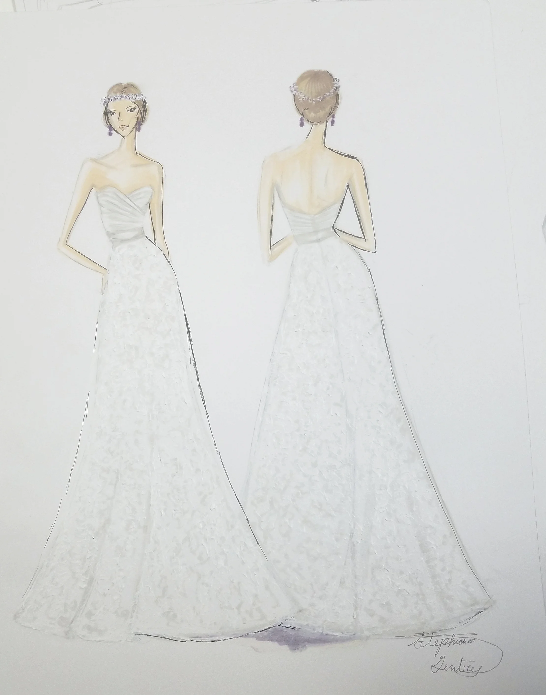 Bridal Fashion Sketch Acrylic Mixed media For Client Dress design Not mine. 