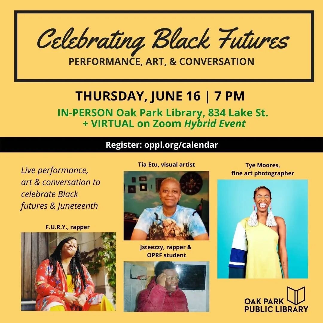 Join us for an evening of live music, art, and intergenerational conversation with visual artist Tia Etu, rapper F.U.R.Y., fine art photographer Tye Moores, and rapper Jsteezzy in celebration of Black futures and Juneteenth. This event will be held b
