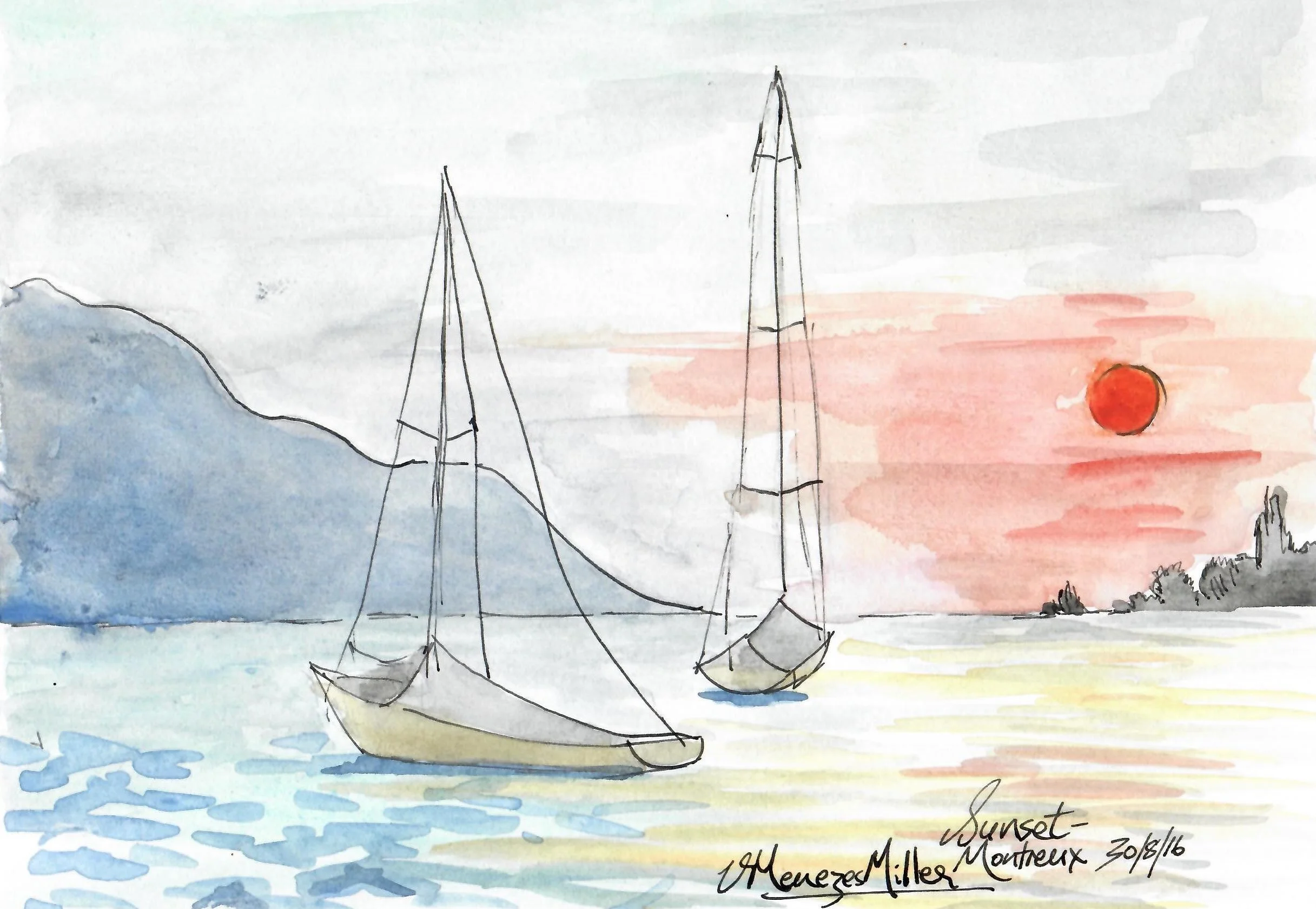 Sublime sunset in Montreux
Technique: water colors, pen and ink, 2016