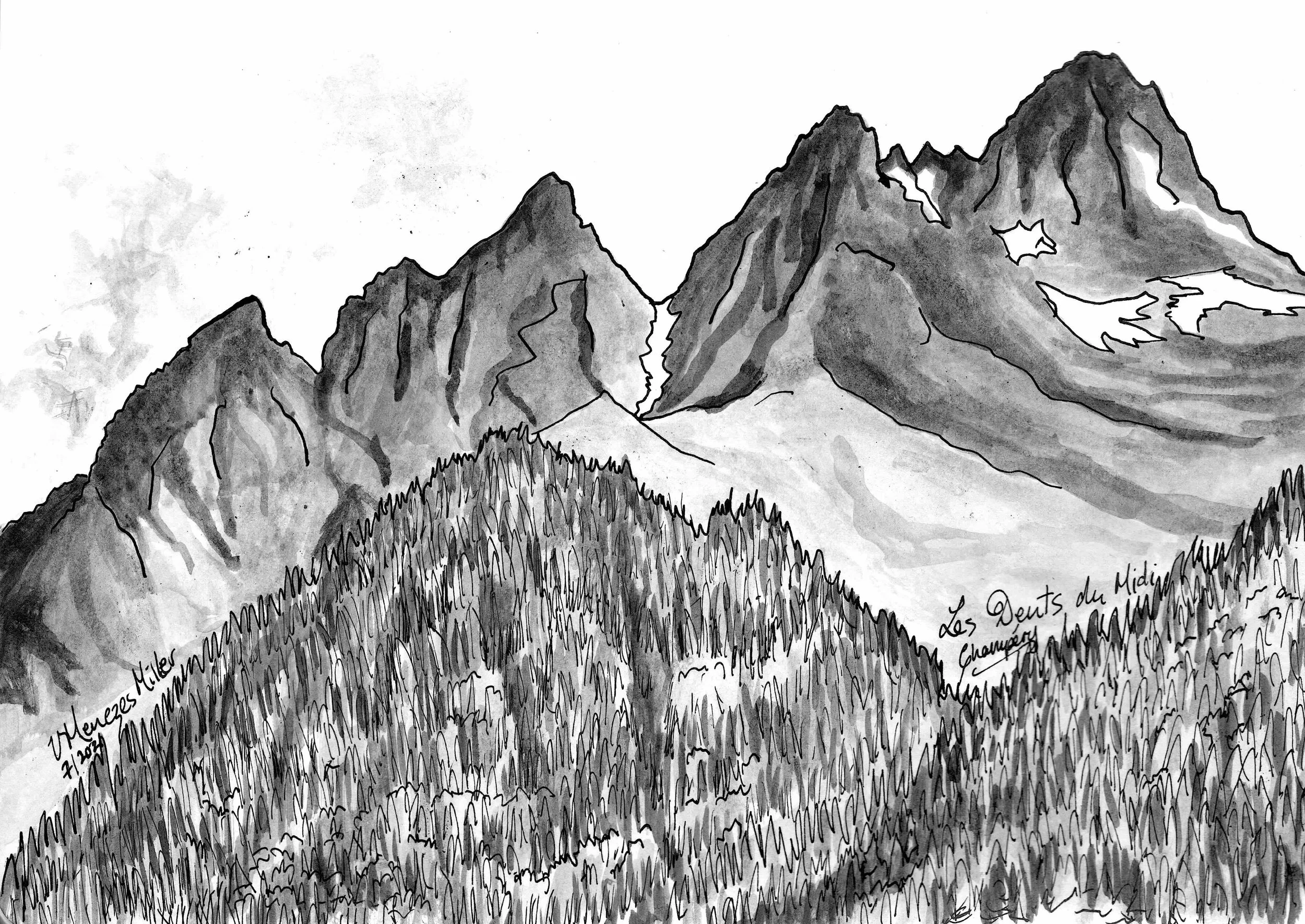 Les Dents-du-Midi, sketched in Champéry
Technique: pen and ink, 2021