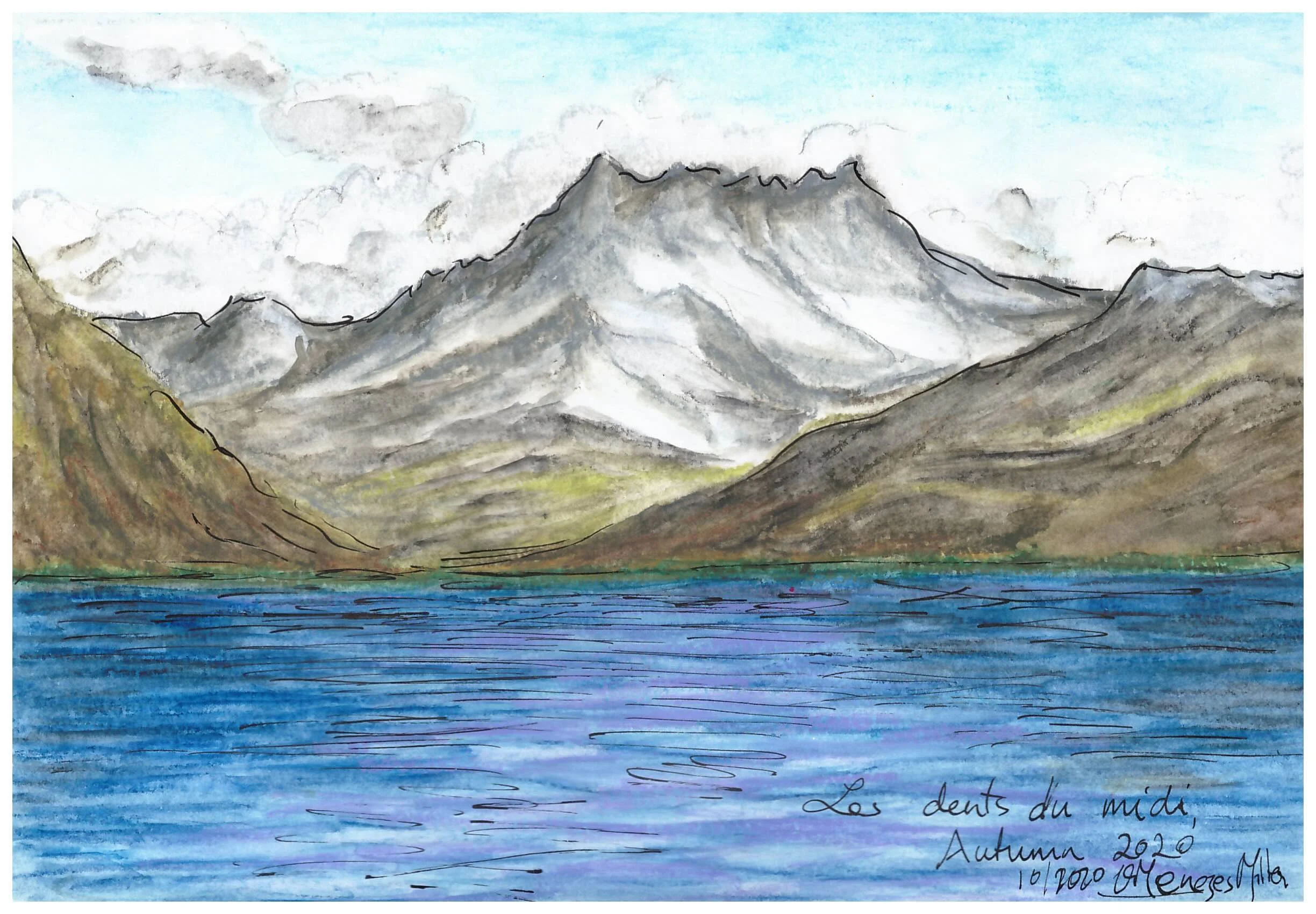 Les Dents-du-Midi painted from the Promenade in Clarens
Technique: pen and ink, water colors and neopastels, 2020