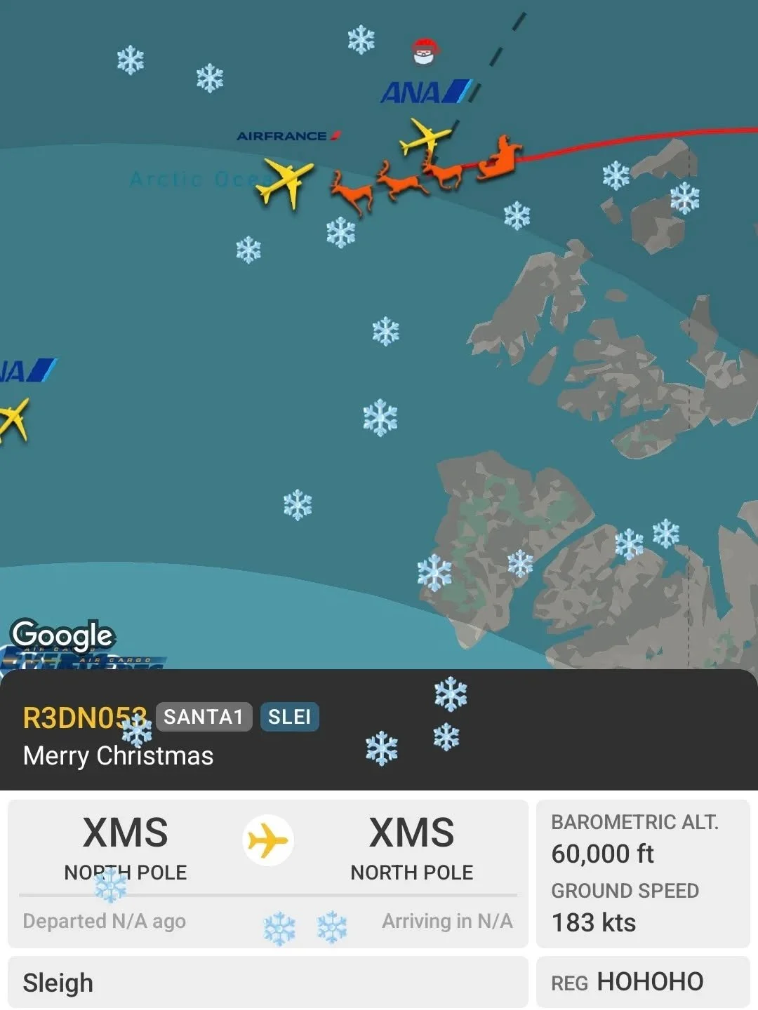 Flight number R3DNOS3 has taken off and is currently north of Canada.

Lucky passengers on flight ANA203 from Tokyo to Frankfurt might be able to spot SANTA1 out the starboard side ✈️

To track Santa this year, search SANTA1 in the FlightRadar app.

