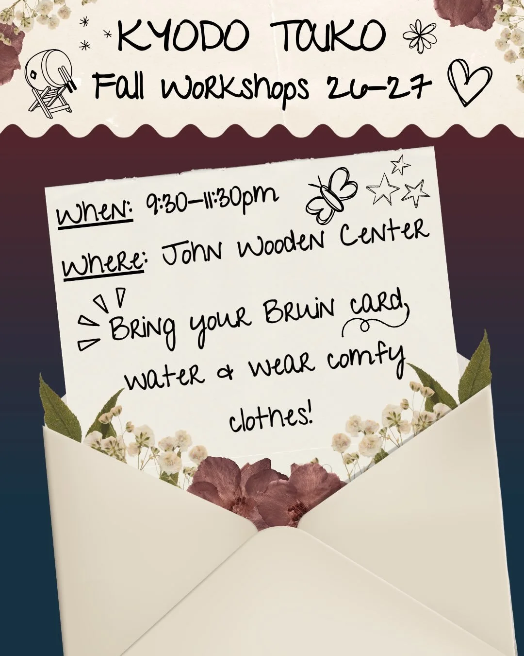 BRING YOUR BRUIN CARD, WATER, AND COMFORTABLE CLOTHES! 🥁
Come to workshops to learn how to play taiko- beginners are always welcome (and encouraged🫶)! Make new friends, learn something new, and have fun 🥳
If you are considering trying out for the 