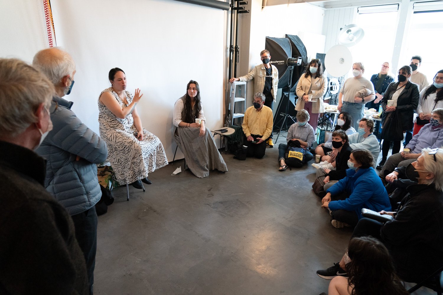  Tessa Williams and Maija Stephens speak about the exhibition " Mā Wai Rā: New Māori Photobooks" at Photospace Gallery Wellington, . Photo: Geoff Short, PhotoForum. 