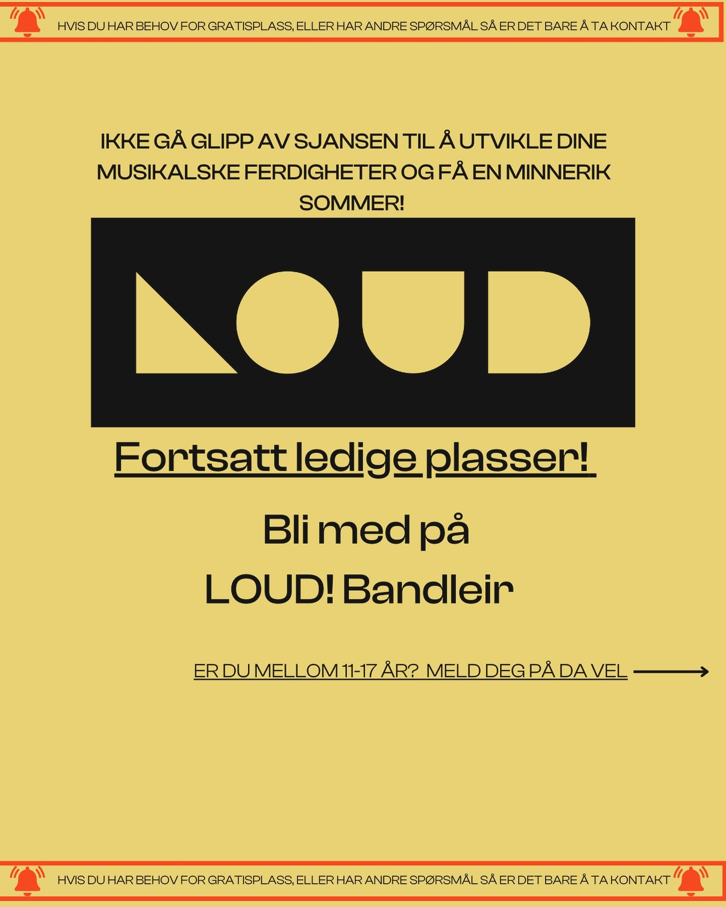 Er du mellom 11-17 &aring;r? 
Ikke g&aring; glipp av sjansen til &aring; utvikle dine musikalske ferdigheter og F&Aring; en minnerik sommer,
For det fortsatt ledige plasser!🎶🥳