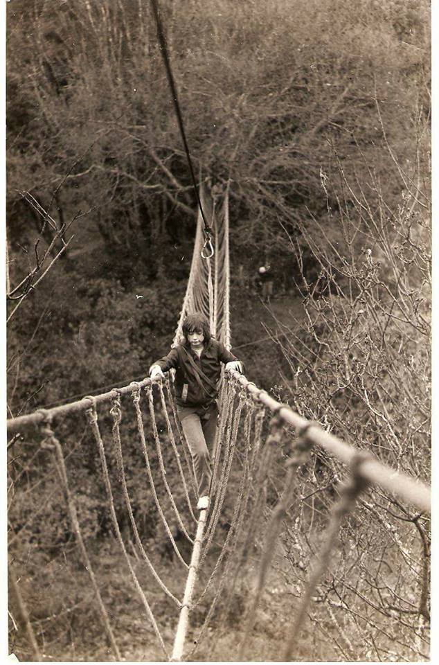 Elaine Green – "Walking a rope bridge in 1981 near Tywyn Gwynedd."