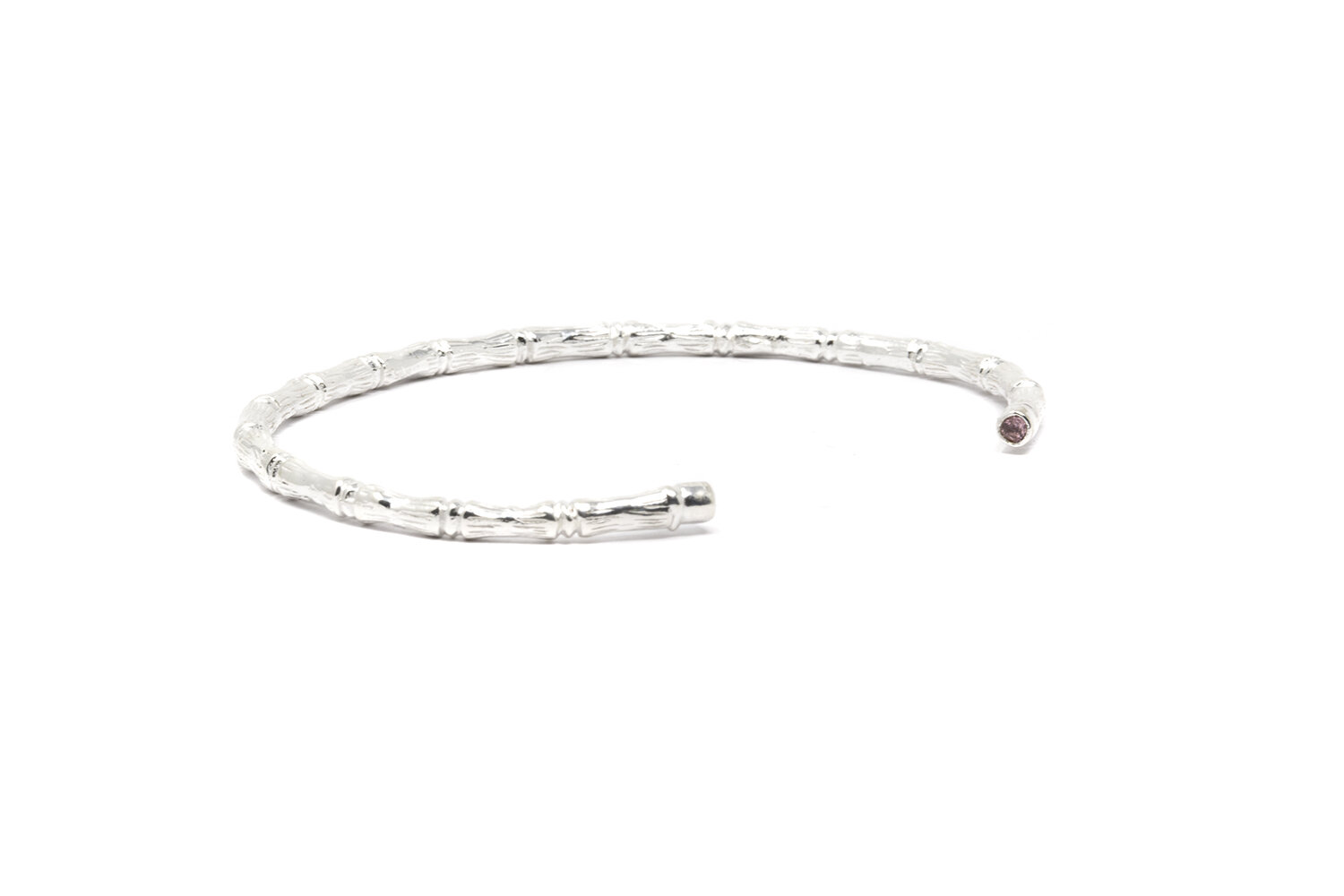 Bamboo Semi Precious Stacking Bangle- Pink Tourmaline, Silver