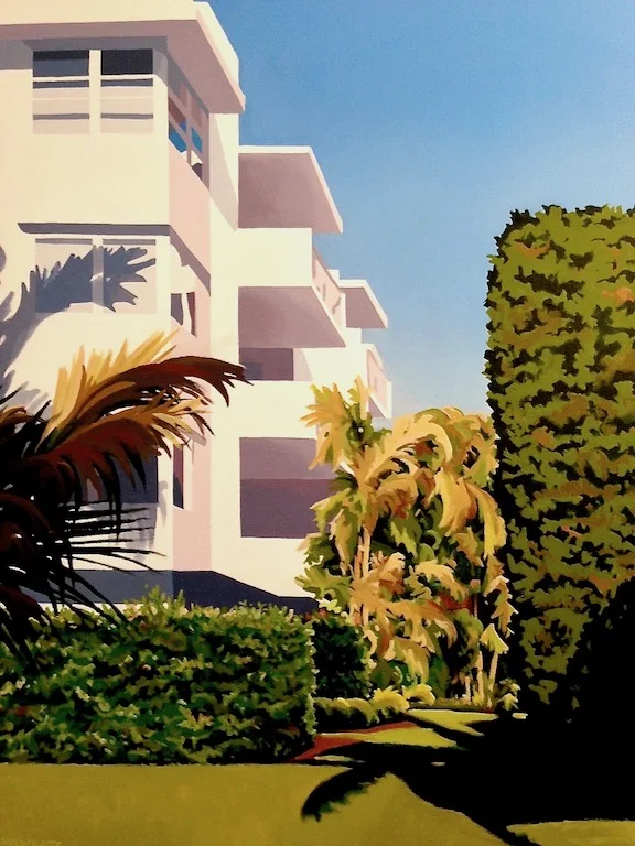 "Palm Beach Modern" celebrates the Tropical Art Deco style of architecture. 24" x 30" x 1" with painted wrap-around edges, 2017.