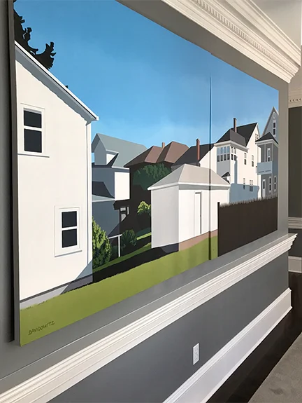 A large painting of your neighborhood or even your own backyard is like having a giant window of light on our wall.