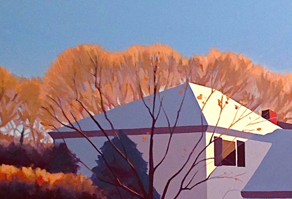 The trees on the left side of the painting glow in the early morning light.