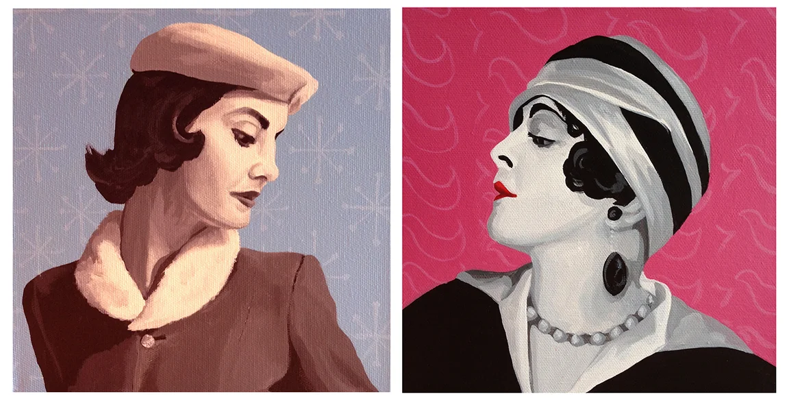 These two paintings were done in acrylic paints on canvas, but are based on old black & white photos. I love the look of doing the figures in monochrome but adding color and some fun designs in the background for a touch of whimsy! 